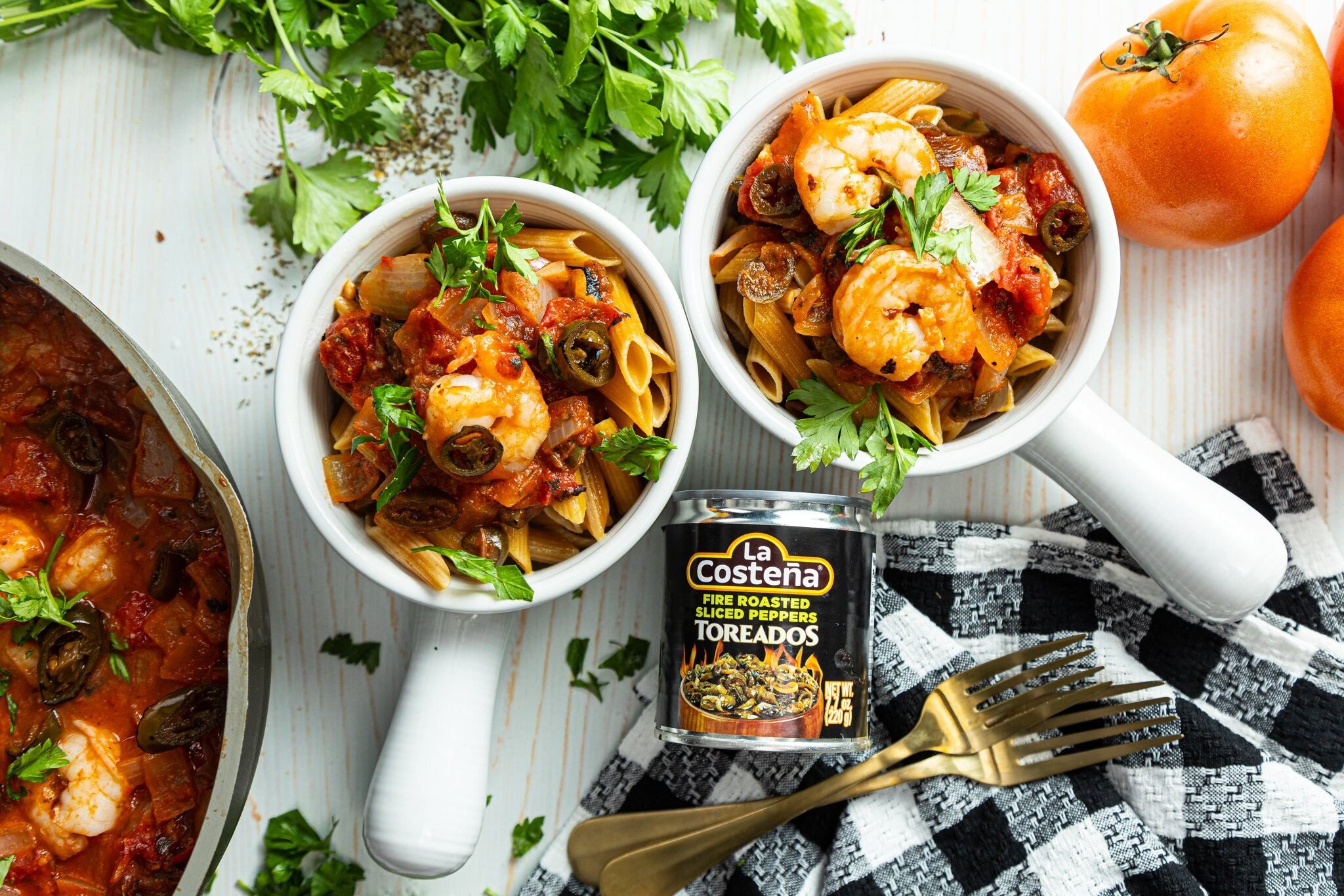 Fire-Roasted Toreados with Shrimp Pasta