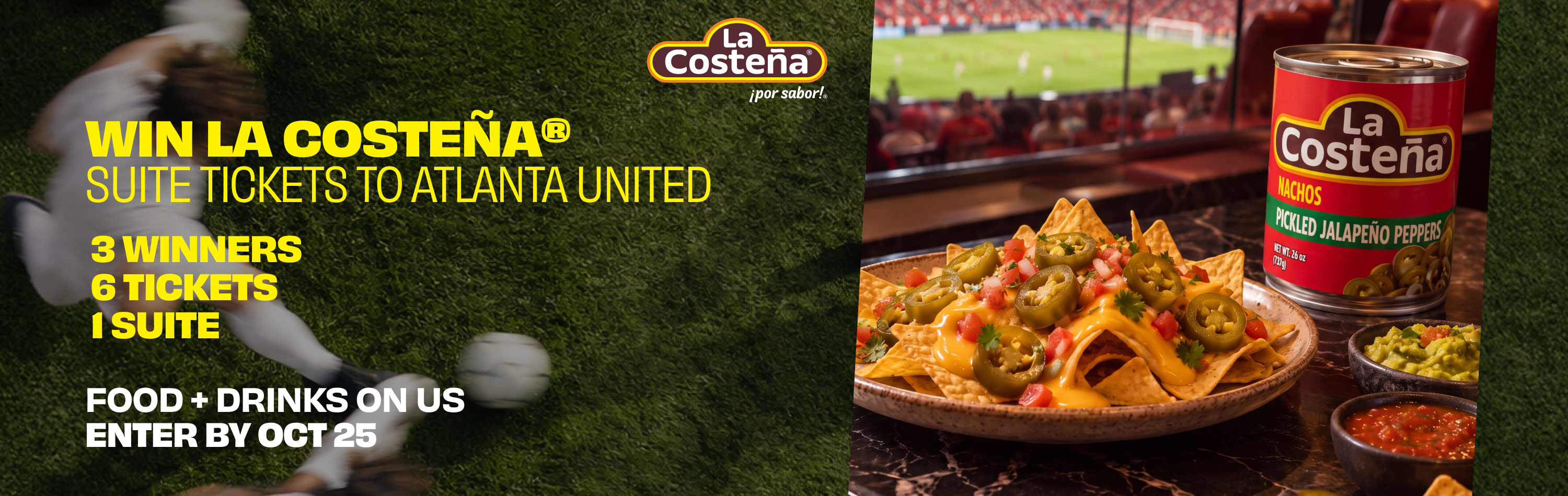 La Costeña Atlanta United suite giveaway with a stadium view, nachos, and jalapeños