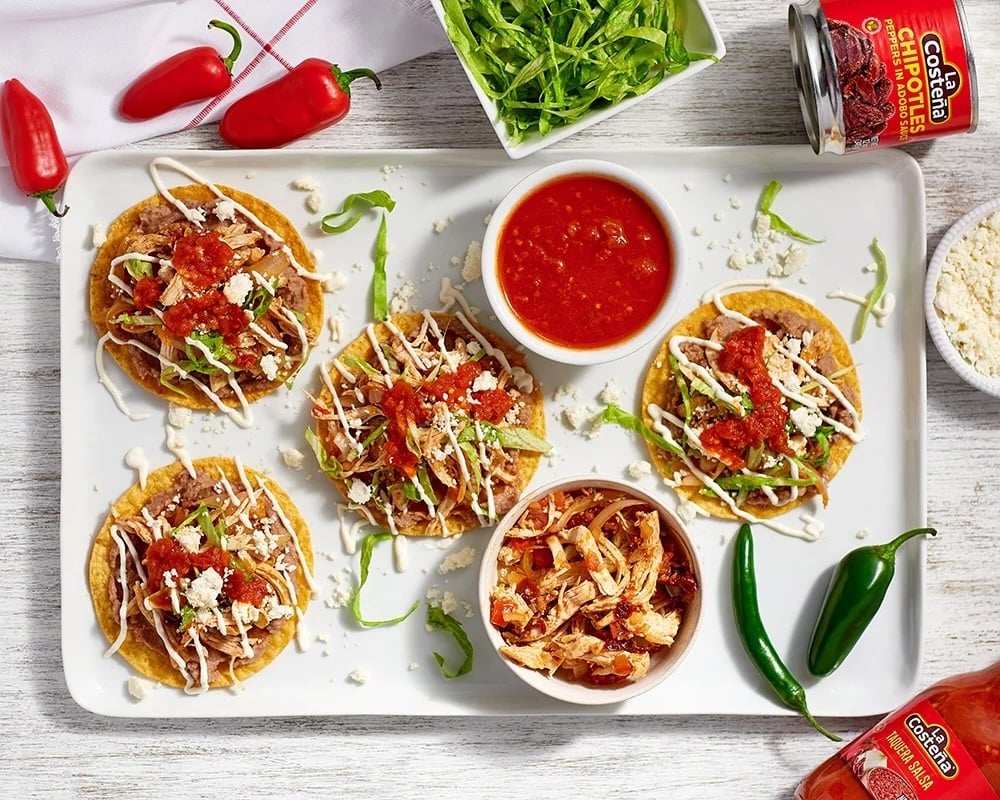 Chipotle Chicken and bean tostadas with taquera salsa