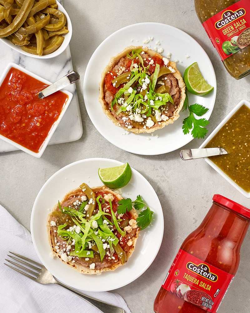 Multicolored Salsa and Bean Sopes with Nopalito
