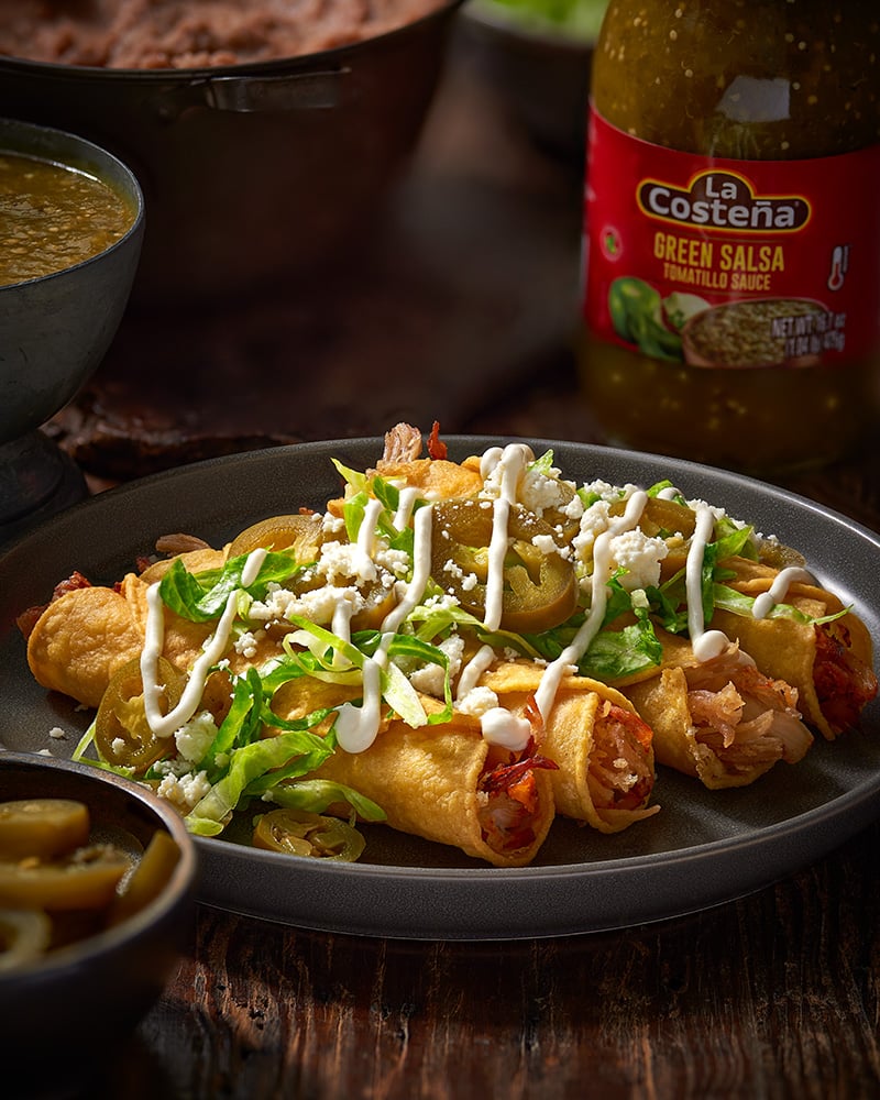 Deep-Fried Chicken Flautas with Refried Beans and Green Salsa  
