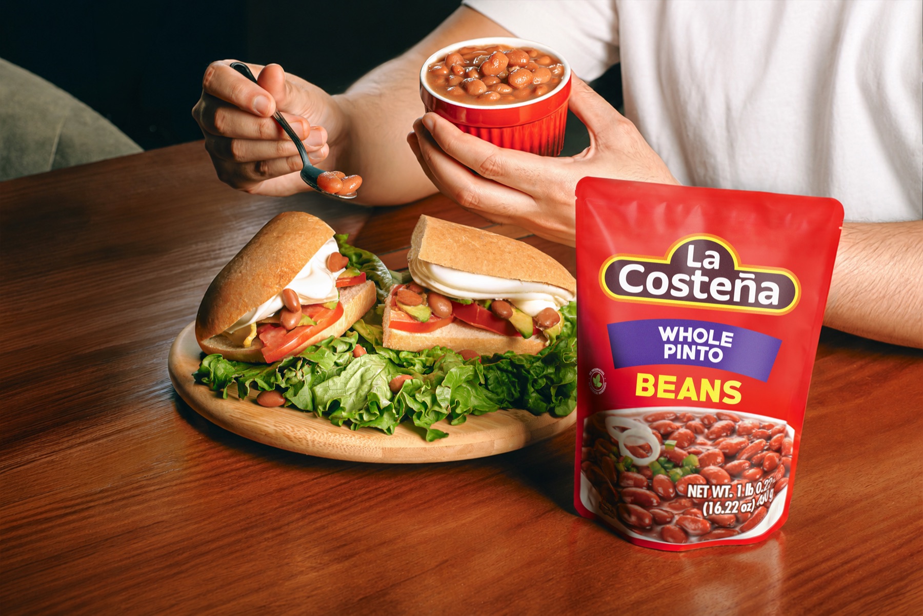 La Costeña whole pinto beans served with sandwiches