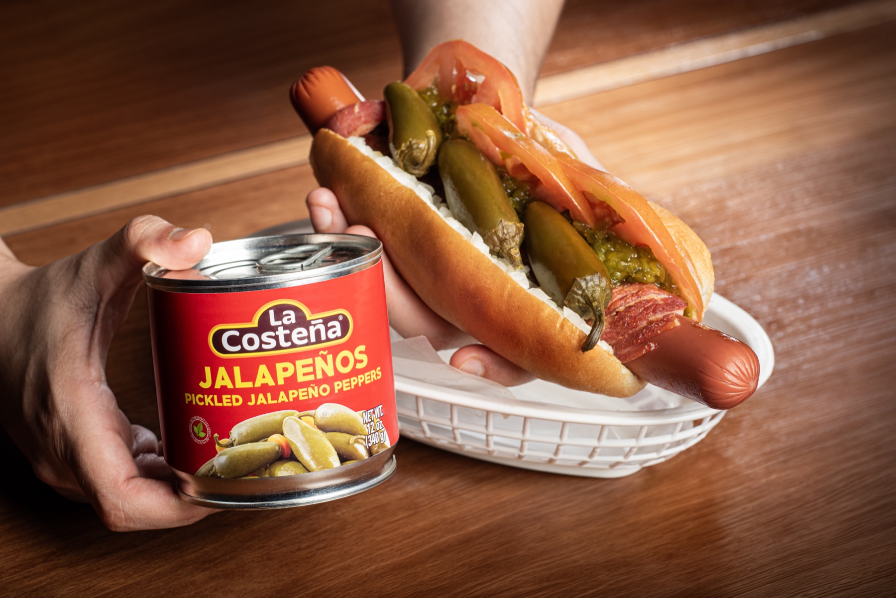 La Costeña pickled jalapeño peppers on a hotdog