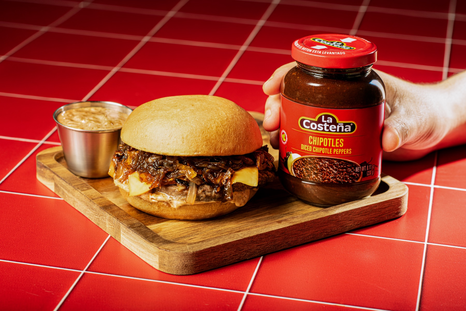 La Costeña chipotle salsa served with a burger